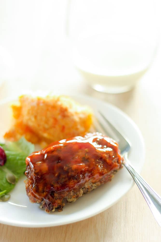 Mini Meatloaf, Root Vegetable bake and Salad in White Plate.