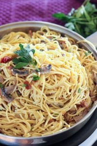 Mushroom, Bacon and Parmesan Pasta in Frying Pan.