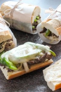 Steak Sandwich with Garlic, Onions and Peppers.