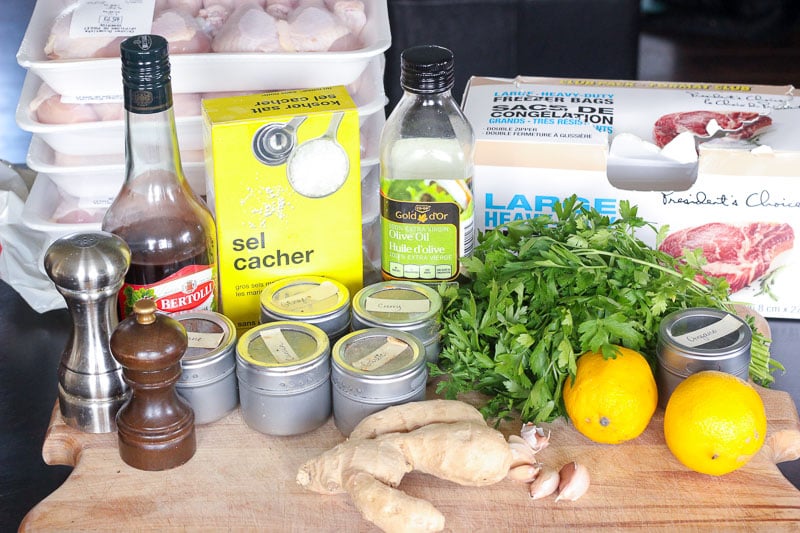 Healthy Chicken Freezer Meals Ingredients on Wooden Board.