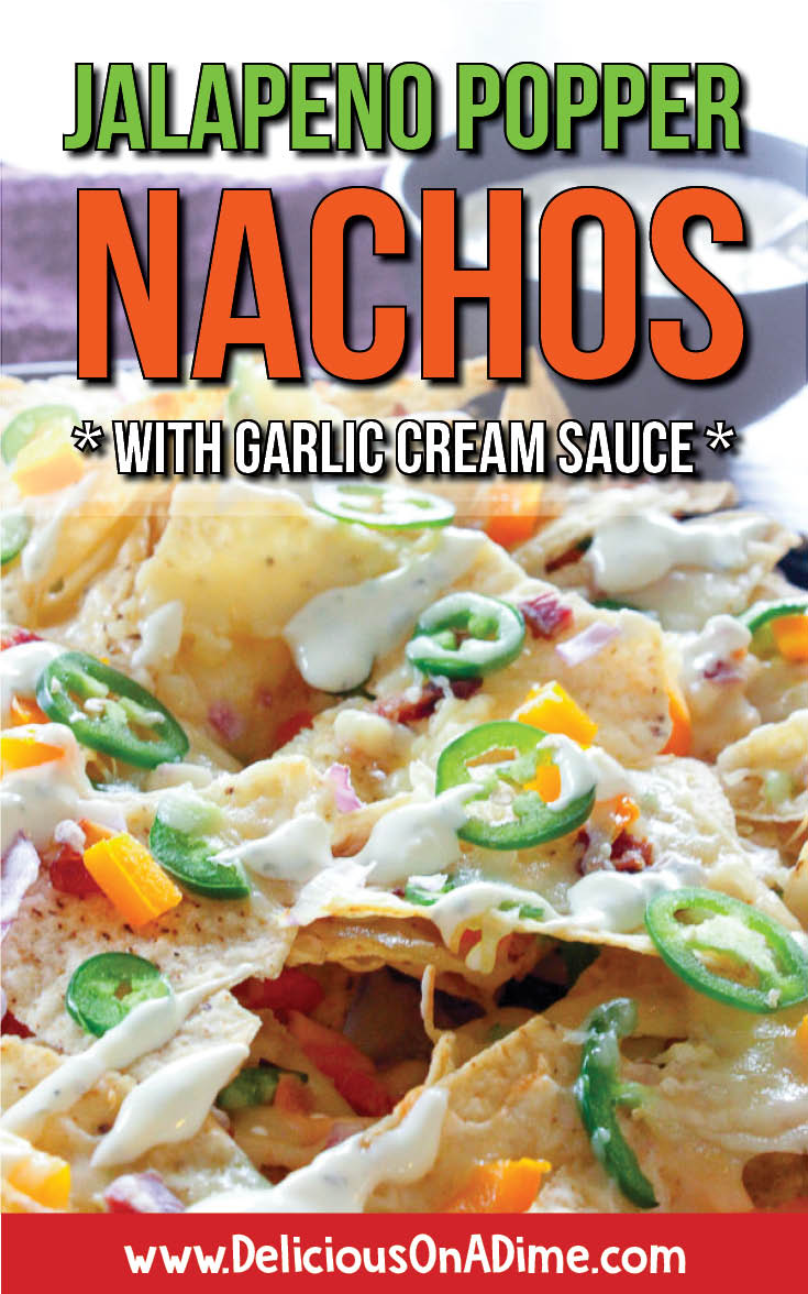 These oven baked Jalapeno Popper Nachos are perfect for parties, dinners, snacks or Super Bowl appetizers. Crispy (and gluten free!) tortilla chips, smoky bacon, spicy jalapenos and a garlicky cream sauce make them a delicious and fun recipe to serve up anytime! #superbowlsnacks #potluck #partyappetizers #partyfood #tailgating