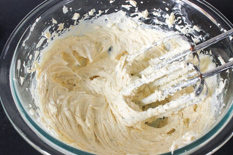 Cream Cheese Mixture in Glass Mixing Bowl.