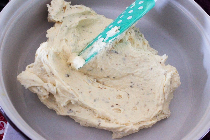 Cream Cheese Mixture in White Bottom Baking Dish.