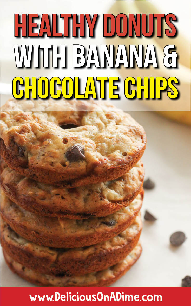 These Healthy Donuts with Banana and Chocolate Chips are an easy, homemade snack for kids or treat for brunch. Whether you're clean eating or just looking for a treat that's baked instead of fried, these healthy donuts are the perfect DIY. Packed with honey, plain yogurt and oats, you can ditch all those muffin recipes for something more fun. Only have a muffin tin? This recipe will work for you too! #healthysnacks #donuts #healthy #snacksforkids #breakfast #morning #chocolate #freezerfriendly