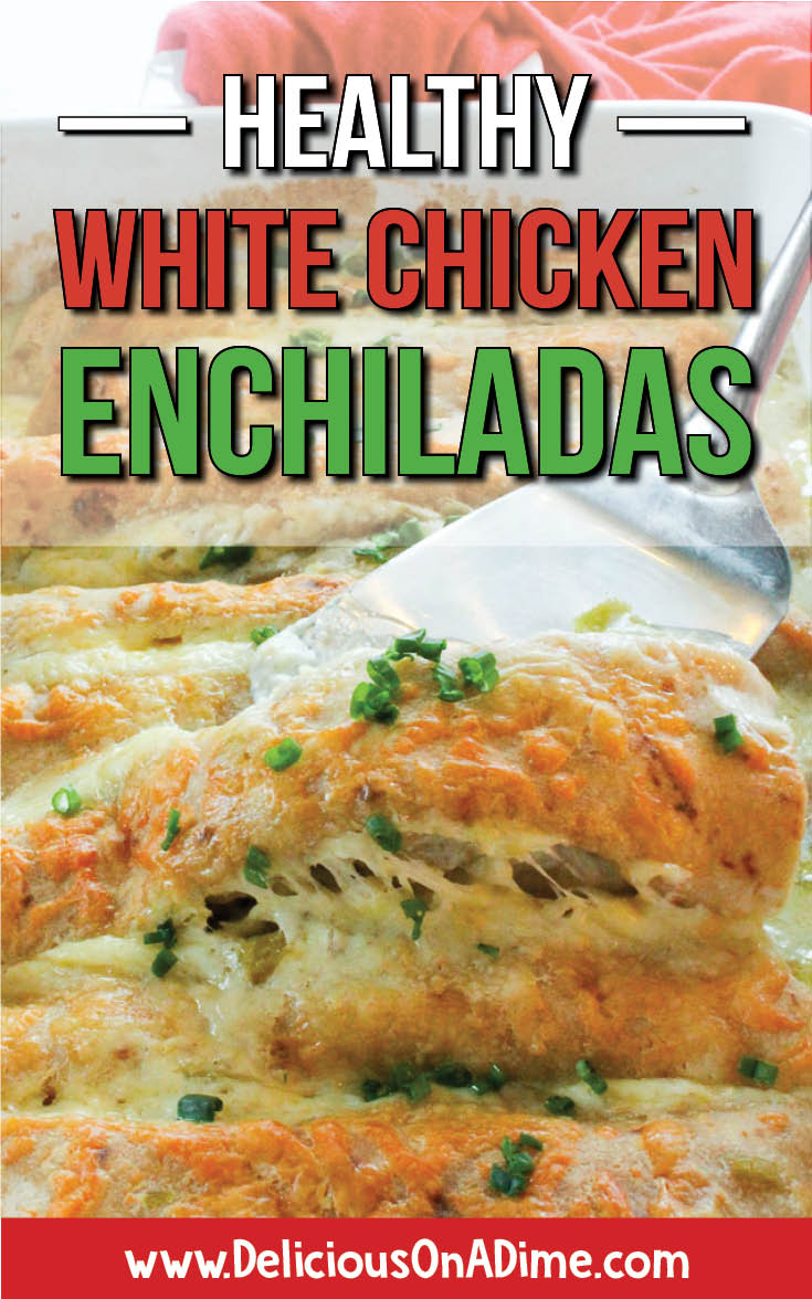 These Healthy White Chicken Enchiladas are one of our family's favorite main dishes. Easy to make and a total crowd-pleaser, they use yogurt instead of sour cream to make a creamy white sauce (with tangy green chilis). Everyone loves them! #easyrecipes #healthyrecipes #enchiladas #whiteenchiladas #whitesauce #bestmaindishes