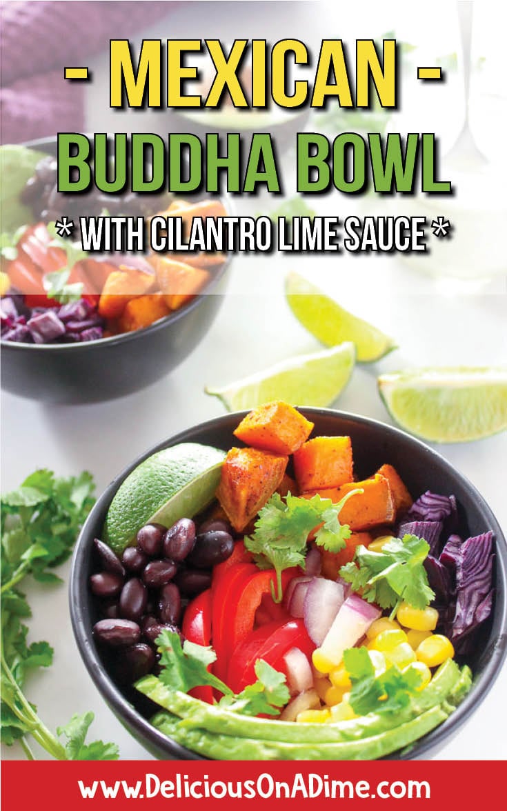 Looking for a healthy AND tasty dinner? This Mexican Buddha Bowl with Cilantro Lime Sauce brings together taco-seasoned sweet potatoes, avocado, corn, and red peppers, with garlicky, creamy cilantro lime sauce. Perfect for Cinco de Mayo, Meatless Monday (or Taco Tuesday!), or when you want a clean eating (easy to prep) meal. #buddhabowl #cincodemayo #mexican #mealprep #cleaneating #cleaneatingmealprep #meatlessmonday #tacotuesday #bestbuddhabowls #mexicanbuddhabowl