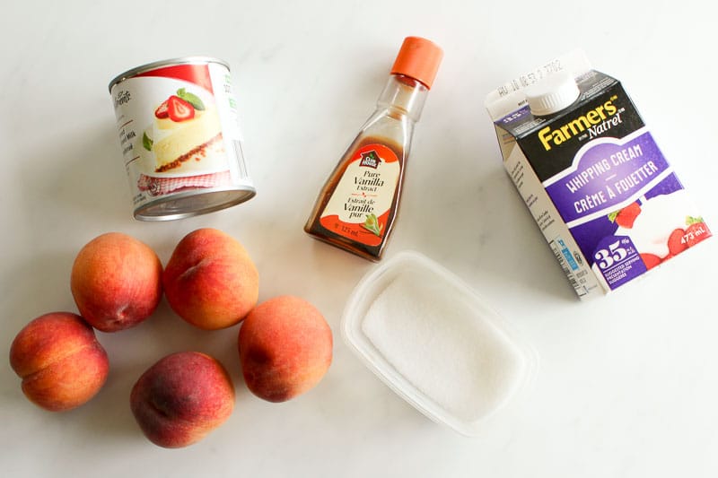 Peaches, salt, sweetened condensed milk, vanilla and whipping cream on White Background.