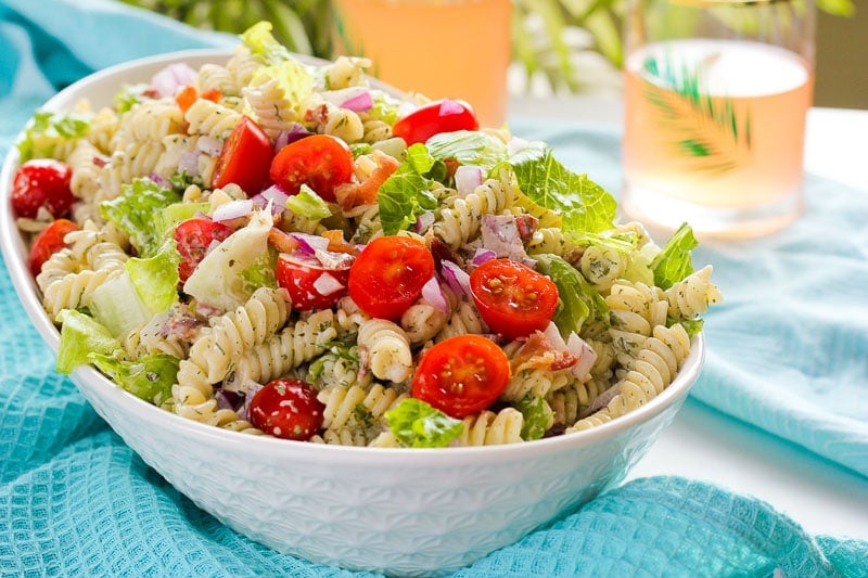 Bacon, Lettuce and Tomato Ranch Pasta Salad in White Serving Bowl.