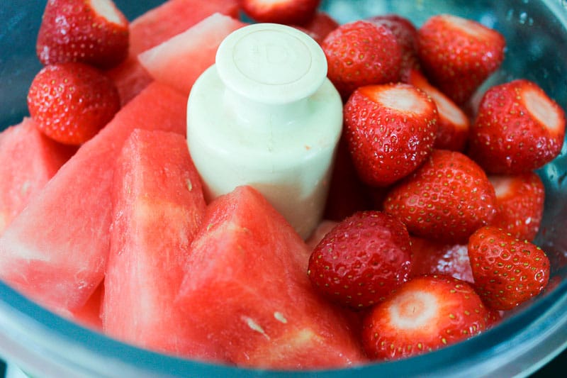 Strawberries and watermelon in food processor bowl.