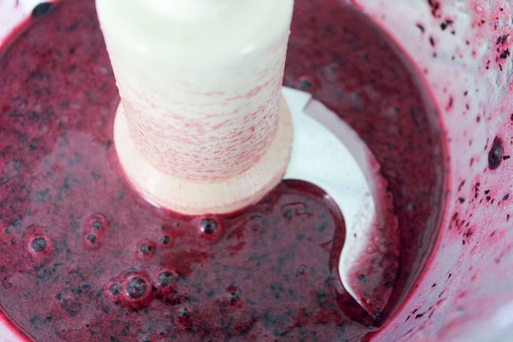 Pureed blueberries in Food Processor.