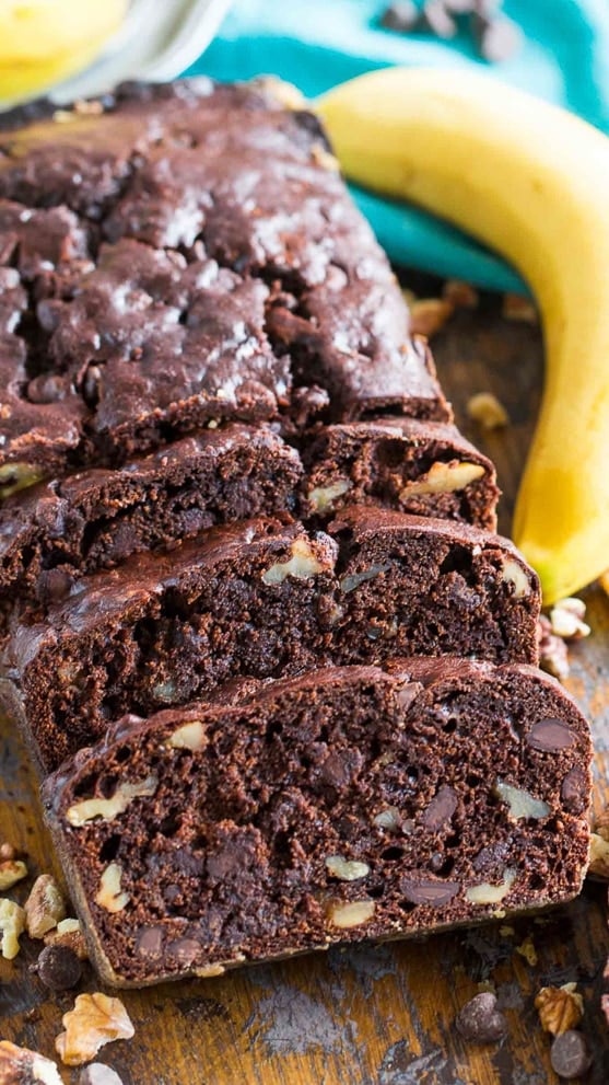 Loaf of chocolate banana bread, sliced up