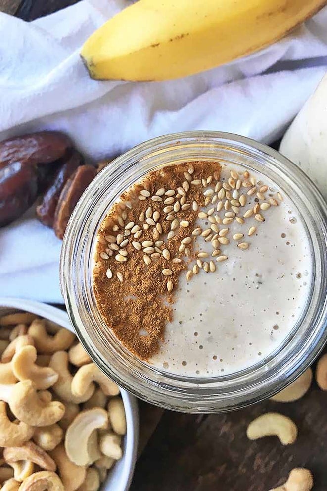 Glass of tahini banana smoothie 