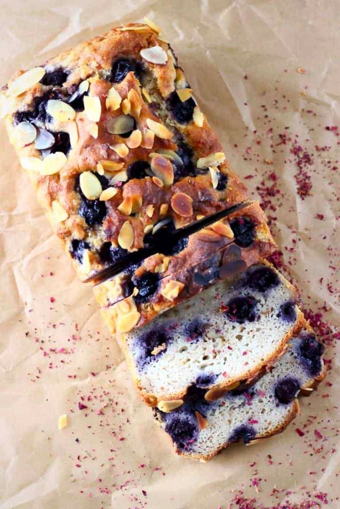 Loaf of gluten free blueberry banana bread, sliced