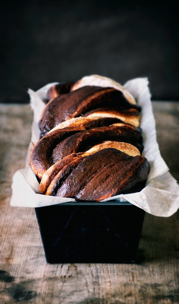 chocolate banana babka in loaf pan