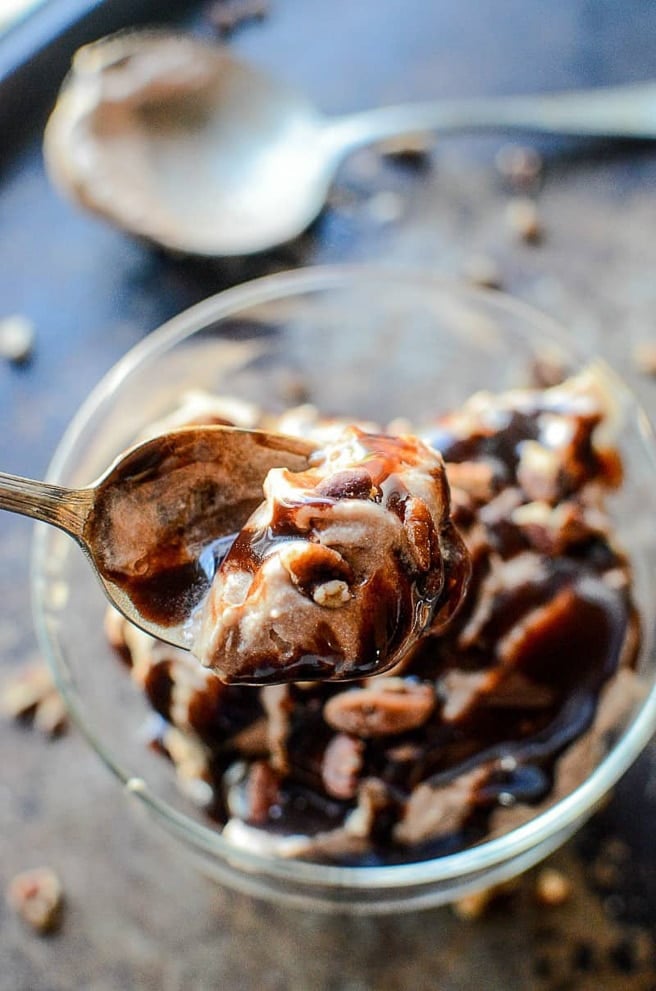 Dish of chocolate peanut butter banana ice cream