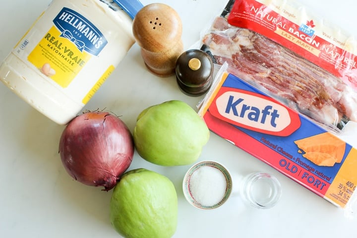 Ingredients for chayote salad - mayo, red onion, chayote squash, cheddar cheese, bacon, sugar, vinegar, salt and pepper