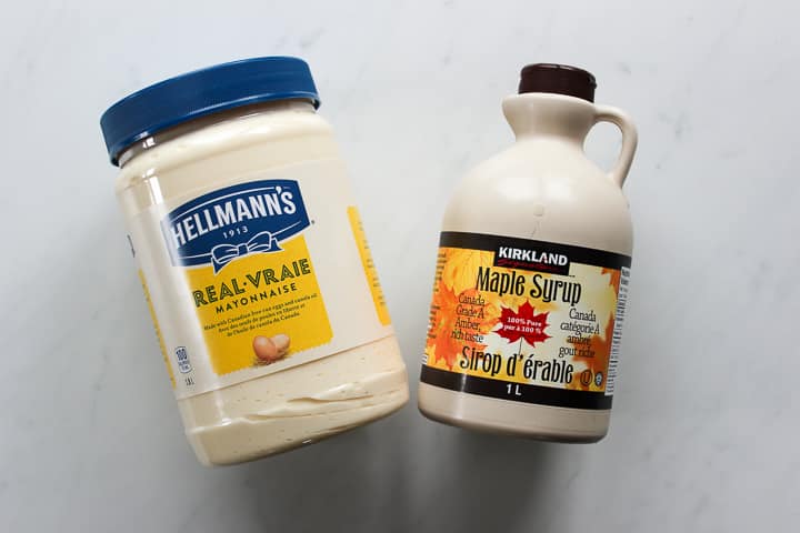 Jar of Hellman's mayonnaise and jug of Kirkland maple syrup