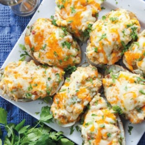 Baked potatoes topped with cheese on white plate.