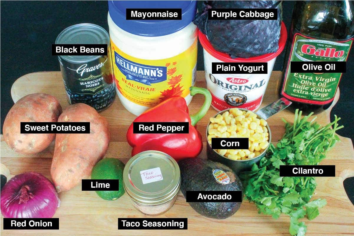 Labelled photo of recipe ingredients including sweet potatoes, black beans, red onion, cilantro, avocado, corn and lime