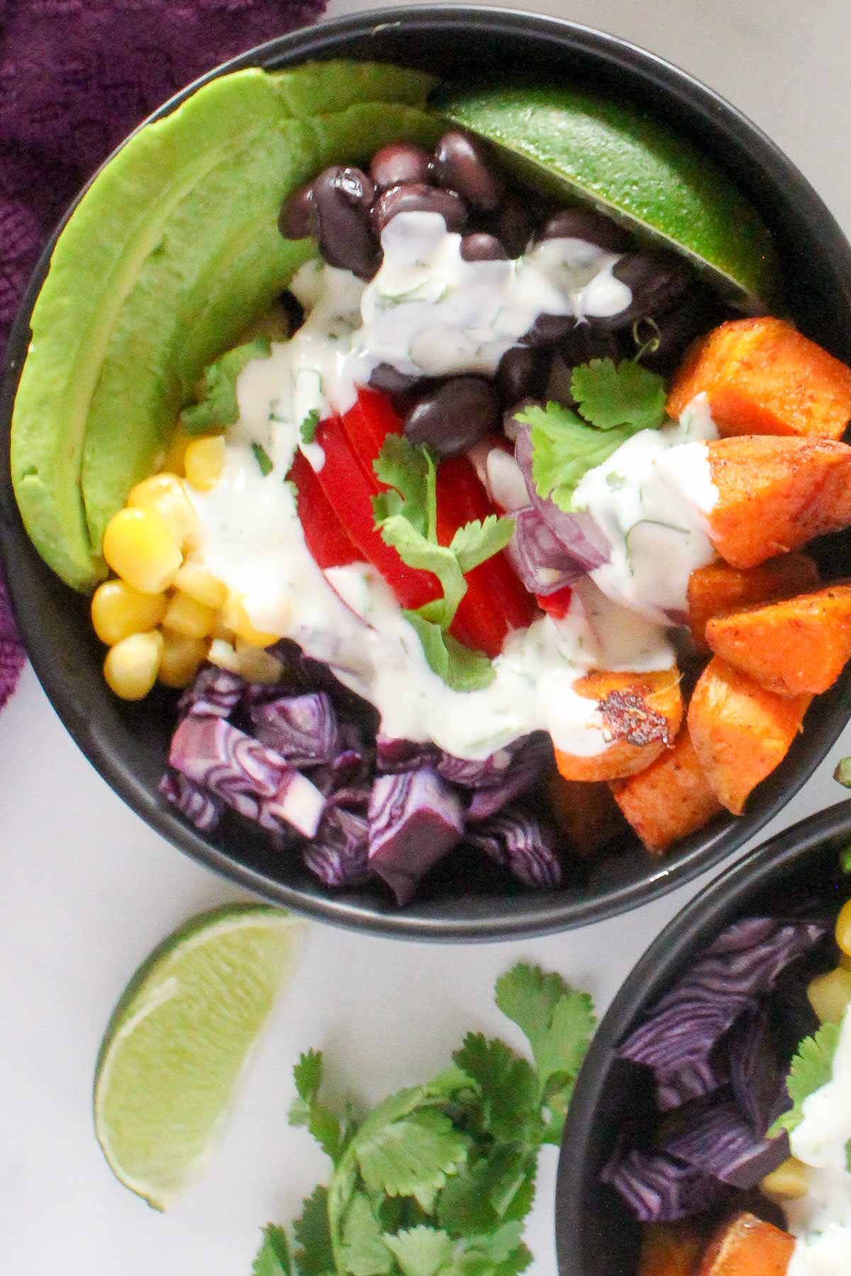 Close up view of black bowl filled with roasted sweet potato cubes, corn kernels, black beans, red cabbage, fresh cilantro and white sauce