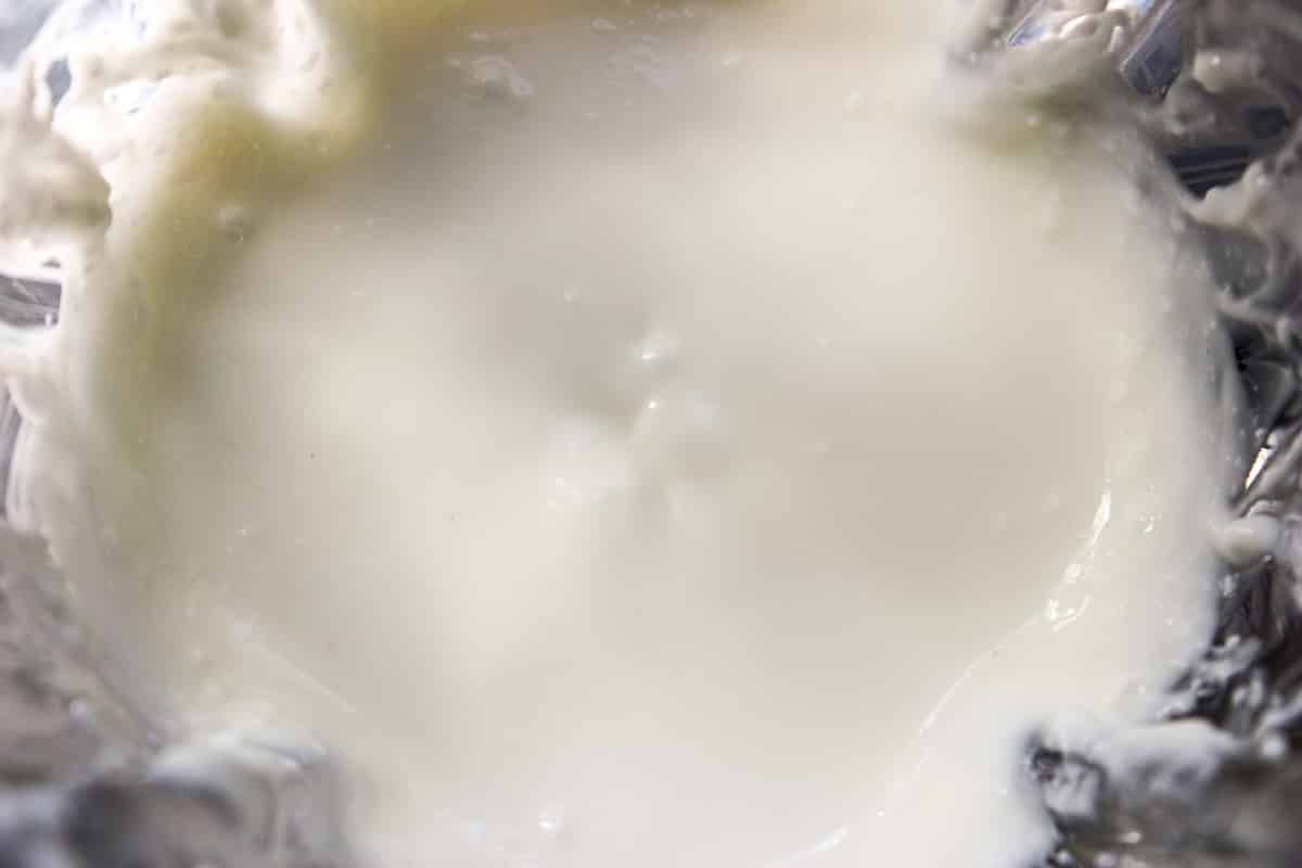 Close up of cottage cheese being whipped in a blender
