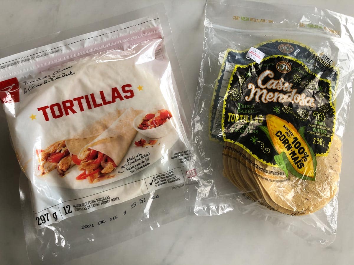 Bag of flour tortilla wraps and bag of corn tortillas