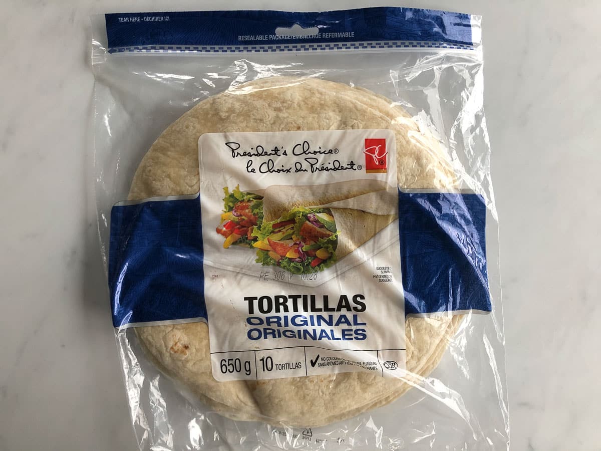 Bag of store bought flour tortilla wraps