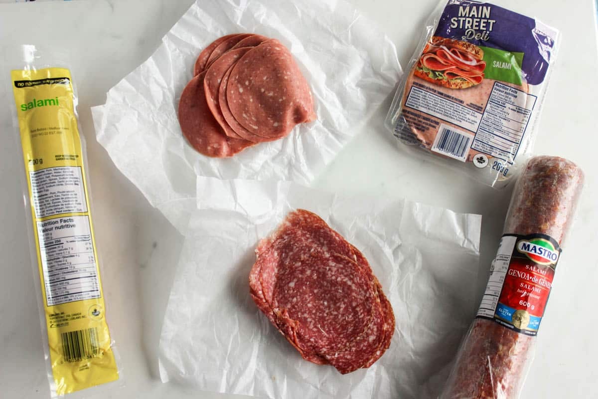 Various types of salami including chub, Italian Genoa, sliced deli, German and Hungarian.