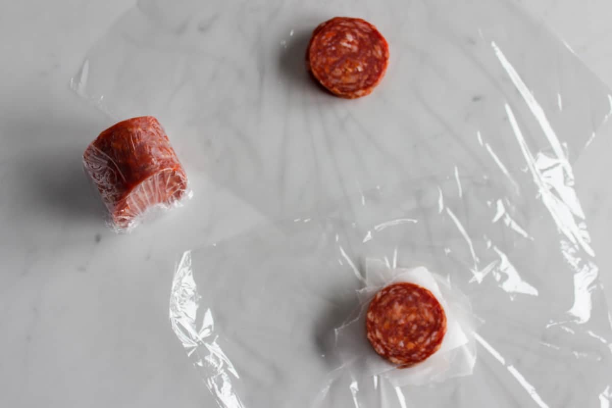 Sliced and chunked Italian salami prepped for freezer.