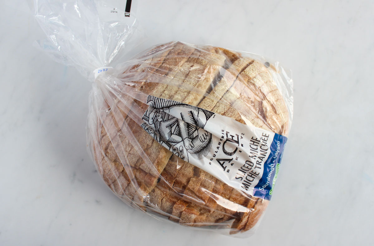 Loaf of sliced sourdough bread in a bag.