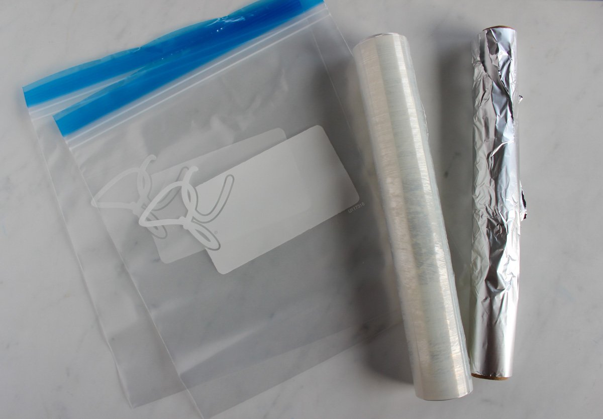 Zip top freezer bags, plastic wrap and tin foil.
