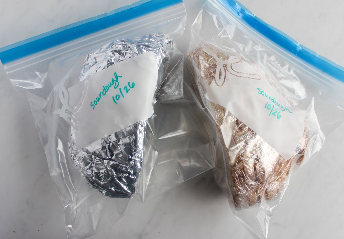 Freezer bags with wrapped sourdough bread in them.